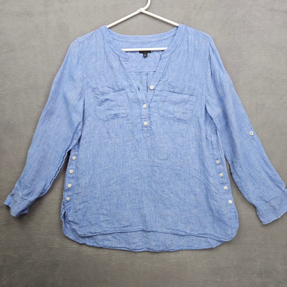 Talbots Coastal Blue 100% Linen Button Side Roll Tab Sleeve Tunic Top MP